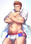  1boy abs bara beard blue_eyes brown_hair bulge chest commentary_request epaulettes facial_hair fate/grand_order fate_(series) highres male_focus male_swimwear muscle napoleon_bonaparte_(fate/grand_order) open_clothes open_shirt pectorals scar simple_background smile spiky_hair swim_briefs swimwear teeth thighs toned waku_(ayamix) white_background 