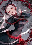  1girl :d bangs black_dress blonde_hair blood blush bow breasts dress eyebrows_visible_through_hair fangs frilled_dress frills gothic_lolita head_tilt highres lolita_fashion long_hair looking_at_viewer open_mouth overlord_(maruyama) ponytail red_eyes shalltear_bloodfallen sidelocks silver_hair slit_pupils smile solo sunako_(veera) tsurime twitter_username two-tone_dress vampire very_long_hair 