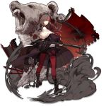  1girl animal_ears arknights axe bangs bear bear_ears black_choker black_footwear black_jacket black_legwear black_sailor_collar black_shirt blue_eyes boots breasts brown_hair brown_skirt choker cross-laced_footwear earphones earphones elite_ii_(arknights) expressionless from_behind full_body fur-trimmed_jacket fur_trim hair_between_eyes hand_up holding holding_axe jacket kneehighs lace-up_boots long_hair long_sleeves looking_at_viewer looking_back multicolored_hair off_shoulder official_art open_clothes open_jacket pantyhose pleated_skirt red_legwear red_neckwear redhead ribbed_legwear sailor_collar school_uniform serafuku shirt sidelocks skade skirt smoke solo standing streaked_hair tachi-e transparent_background v-shaped_eyebrows weapon white_jacket wind wind_lift zima_(arknights) 