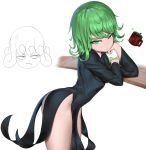  1girl absurdres angry ass black_dress breasts coffee coffee_cup commentary cup curly_hair disposable_cup dress eyebrows_visible_through_hair from_side green_eyes green_hair highres long_sleeves looking_at_viewer multiple_views no_panties one-punch_man short_hair simple_background sketch small_breasts tatsumaki telekinesis user_navy3274 v-shaped_eyebrows white_background 