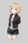  1girl alternate_costume arms_behind_back blonde_hair casual eyebrows_visible_through_hair girls_frontline grey_background highres jacket mp40_(girls_frontline) shorts smile solo triangle_bullet yellow_eyes 