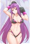  1girl armpits arms_up bikini blush boxing_gloves breasts closed_mouth collarbone commission cowboy_shot fate/grand_order fate_(series) forehead forehead_tattoo grey_bikini groin highres large_breasts long_hair looking_at_viewer medusa_(lancer)_(fate) navel nonoririn pink_eyes purple_hair solo sparkle straight_hair sweat swimsuit tattoo thigh-highs under_boob very_long_hair zoom_layer 