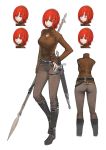  1girl belt boots casual character_sheet commentary_request contrapposto cross-laced_footwear expressions frown full_body grin hair_ornament hairclip hand_on_hip highres holding holding_spear holding_weapon jun_(seojh1029) looking_at_viewer original pants polearm red_eyes redhead sad sheath shirt short_hair smile spear spear_(seojh1029) sword weapon white_background 