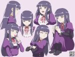  1girl black_hair blush candy closed_eyes controller crossed_arms crying dress eating food frills frown game_controller high_score_girl highres hime_cut holding_candy jamrolypoly juliet_sleeves lollipop long_hair long_sleeves looking_at_viewer multiple_views oono_akira open_mouth puffy_sleeves purple_background purple_dress red_ribbon ribbon sidelocks simple_background sitting smile standing wrist_cuffs 