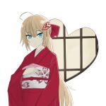  1girl ababaoi absurdres ahoge akai_haato aqua_eyes bangs blonde_hair bow commentary_request hair_bow hair_ornament hand_on_own_chest heart heart_hair_ornament highres hololive japanese_clothes kimono long_hair looking_at_viewer obi red_nails sash simple_background smile solo virtual_youtuber white_background wide_sleeves 