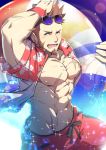 1boy abs bara beard blue_eyes blush brown_hair chest commentary_request facial_hair fate/grand_order fate_(series) glasses highres looking_at_viewer male_focus muscle napoleon_bonaparte_(fate/grand_order) nipples open_clothes open_mouth open_shirt pectorals scar shorts smile solo swimsuit teeth waku_(ayamix) 