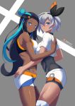  2girls abs bangs bare_shoulders belly_chain black_hair blue_eyes blue_hair blush breast_press breasts closed_mouth dark_skin earrings eyeliner forehead gloves grey_eyes grey_hair gym_leader hair_between_eyes hair_bun hairband highres hoop_earrings jewelry long_hair looking_at_viewer makeup medium_breasts multicolored_hair multiple_girls pokemon pokemon_(game) pokemon_swsh ribbon rurina_(pokemon) saitou_(pokemon) shirt short_hair short_sleeves shorts smile sweat thighs torahime_(roland00) two-tone_hair white_shirt wristband 