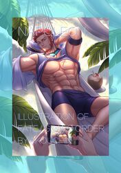  abs beard blue_eyes brown_hair chest coconut coconut_tree conner20130806 facial_hair fate/grand_order fate_(series) glasses hat highres lying male_focus modeling muscle napoleon_bonaparte_(fate/grand_order) on_back open_clothes palm_tree pectorals phonograph scar shirt_lift shorts tree 