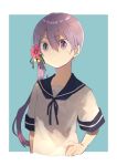  1girl 8ne_(nitika127) akebono_(kantai_collection) bell blue_background blue_sailor_collar border expressionless flower hair_bell hair_flower hair_ornament hand_on_hip jingle_bell kantai_collection long_hair neckerchief purple_hair sailor_collar school_uniform serafuku short_sleeves side_ponytail solo two-tone_background very_long_hair violet_eyes white_border 