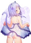  1girl animal_ear_fluff animal_ears ass bangs bare_arms bare_shoulders blush breasts cat_ears cat_girl cat_tail closed_mouth commentary_request eyebrows_visible_through_hair floral_background flower hair_flower hair_ornament highres looking_at_viewer looking_back maid_headdress medium_breasts original panties purple_flower purple_hair rk_(rktorinegi) see-through solo tail tail_raised underwear violet_eyes white_background white_panties 