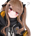 1girl ? bangs blush brown_hair closed_mouth girls_frontline hair_ribbon kairi630 long_hair looking_at_viewer red_eyes ribbon scar scar_across_eye simple_background solo twintails ump9_(girls_frontline) upper_body white_background 