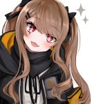 1girl bangs blush brown_hair girls_frontline hair_ribbon kairi630 long_hair looking_at_viewer open_mouth red_eyes ribbon scar scar_across_eye simple_background solo twintails ump9_(girls_frontline) upper_body white_background 