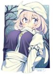  1girl artist_name blue_eyes blush breasts closed_mouth dated eyebrows_visible_through_hair iroyopon large_breasts letty_whiterock long_sleeves looking_at_viewer short_hair signature silver_hair smile snow snowing solo touhou tree upper_body white_headwear 