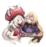  2girls :d ;) armor bare_arms bare_shoulders black_ribbon blonde_hair blue_eyes bow capelet chain eye_contact fate/apocrypha fate/grand_order fate_(series) frilled_hat frills gauntlets gloves hair_ribbon hand_on_own_chin hat hat_bow headpiece highres holding_hands interlocked_fingers jeanne_d&#039;arc_(fate) jeanne_d&#039;arc_(fate)_(all) large_hat long_hair looking_at_another marie_antoinette_(fate/grand_order) multiple_girls no-kan one_eye_closed open_mouth red_gloves red_headwear ribbon silver_hair simple_background sleeveless smile twintails upper_body violet_eyes white_background white_bow yuri 