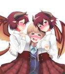  3girls anne_(shingeki_no_bahamut) blonde_hair blush breast_press breasts closed_eyes commentary_request dragon_girl dragon_horns dragon_tail dragon_wings dual_persona embarrassed granblue_fantasy grea_(shingeki_no_bahamut) green_eyes heart heart-shaped_pupils highres horns large_breasts long_hair looking_at_viewer manaria_friends multiple_girls pointy_ears purple_hair school_uniform shadowverse shingeki_no_bahamut short_hair simple_background symbol-shaped_pupils tail tail_grab time_paradox violet_eyes wavy_mouth white_background wings xiao_huang_(yellowbean) yuri 