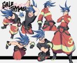  1boy arm_up baggy_pants black_gloves blue_eyes blue_hair character_name chest closed_eyes coat expressions galo_thymos gloves male_focus open_mouth ottonttn pants promare shirtless sitting smile spiky_hair stretch 