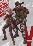  1boy 1girl ahoge assault_rifle bandana beard boots brown_hair camouflage camouflage_jacket camouflage_pants crossover emblem english_text eyepatch facial_hair fingerless_gloves flashlight gentiane_(girls_frontline) girls_frontline gloves gun handgun highlights highres knee_pads mechanical_arm metal_gear_(series) metal_gear_solid_v multicolored_hair pants persocon93 red_eyes redhead rifle scar scar_across_eye silver_hair suppressor tactical_clothes venom_snake weapon 