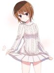  1girl bare_legs black_eyes blush brown_hair eyebrows_visible_through_hair hair_between_eyes highres kinuhata_saiai long_sleeves looking_at_viewer nemu_mohu short_hair simple_background skirt skirt_lift smile solo sweater to_aru_majutsu_no_index 