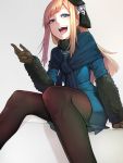  1girl bangs black_legwear blonde_hair blue_eyes blue_jacket brown_gloves commentary_request eyebrows_visible_through_hair fate/grand_order fate_(series) flower fur_trim gloves grey_background grin hair_flower hair_ornament hat highres jacket long_hair long_sleeves looking_at_viewer lord_el-melloi_ii_case_files mikan_(chipstar182) pantyhose reines_el-melloi_archisorte simple_background smile solo teeth tongue white_flower 