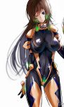  1girl black_bodysuit blue_eyes bodysuit breasts breasts_apart brown_hair covered_nipples cowboy_shot floating_hair head_tilt highres large_breasts long_hair muvluv muvluv_alternative one_eye_closed pilot_suit shiny shiny_clothes simple_background solo standing takamura_yui very_long_hair white_background yae_chitokiya 