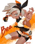  1girl abs barefoot bodysuit covered_navel dark_skin gamza gloves grey_eyes grey_hair hairband pokemon pokemon_(game) pokemon_swsh ribbon saitou_(pokemon) shirt short_hair short_sleeves shorts solo white_shirt wristband 