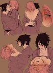  1boy 1girl ? black_hair blush ceejles closed_eyes hair_over_one_eye haruno_sakura hetero highres hug japanese_clothes kimono kiss naruto_(series) pink_hair short_hair simple_background sleeping uchiha_sasuke zzz 