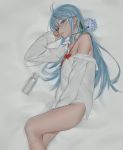  1girl blue_eyes blue_hair bottle commentary_request denpa_onna_to_seishun_otoko flower long_hair looking_at_viewer mi8pq no_pants off_shoulder shirt sitting smile solo touwa_erio 