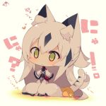  1girl :&lt; animal_ear_fluff animal_ears bangs beige_background black_hair blush capelet cat_ears cat_girl cat_tail chibi closed_mouth commentary_request eyebrows_visible_through_hair fate/grand_order fate_(series) green_eyes grey_hair hair_between_eyes highres kemonomimi_mode long_hair long_sleeves multicolored_hair muuran nagao_kagetora_(fate) solo striped_tail tail tail_raised translation_request two-tone_hair very_long_hair white_capelet wide_sleeves 
