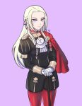  1girl capelet edelgard_von_hresvelgr_(fire_emblem) epaulettes fire_emblem fire_emblem:_three_houses gloves highres long_hair looking_at_viewer purple_background simple_background solo uniform violet_eyes white_hair yoyoleif 