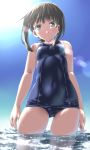  1girl absurdres ass_visible_through_thighs bare_arms black_eyes black_hair blue_swimsuit blush breasts collarbone commentary covered_navel day dd_(ijigendd) fubuki_(kantai_collection) highres kantai_collection looking_at_viewer low_ponytail old_school_swimsuit one-piece_swimsuit ponytail school_swimsuit school_swimsuit_flap short_ponytail sidelocks small_breasts solo swimsuit 