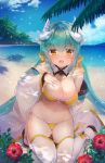  1girl aqua_hair aqua_kimono beach bikini blue_sky bow breasts day dragon_girl dragon_horns fate/grand_order fate_(series) flower frilled_bikini frills hair_bow hand_on_own_chest highres horns japanese_clothes kimono kiyohime_(fate/grand_order) kiyohime_(swimsuit_lancer)_(fate) large_breasts looking_at_viewer nanahachi navel ocean open_clothes open_kimono open_mouth outdoors palm_tree red_flower sandals sky solo swimsuit thigh-highs tree white_legwear wide_sleeves yellow_bikini yellow_bow yellow_eyes 