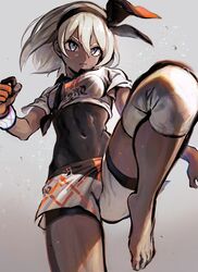  1girl abs absurdres barefoot bodysuit breasts covered_navel dark_skin gloves grey_eyes grey_hair hairband highres pokemon pokemon_(game) pokemon_swsh ribbon saitou_(pokemon) shirt short_hair short_sleeves shorts solo sweat tentsuu_(tentwo) white_shirt wristband 