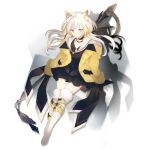  1girl animal_ear_fluff animal_ears arknights bangs black_choker black_dress blonde_hair blue_eyes blush boots breasts brown_eyes choker closed_mouth collared_dress dress elite_ii_(arknights) eyebrows_visible_through_hair floating_hair full_body gradient_hair hair_between_eyes hair_ornament hairclip heterochromia holding holding_staff knee_boots long_hair looking_at_viewer lpip multicolored_hair nightmare_(arknights) off-shoulder_sweater off_shoulder official_art sidelocks small_breasts smile solo staff sweater tachi-e thigh-highs transparent_background very_long_hair white_hair white_legwear wind 