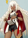  1girl :o ahoge bike_shorts black_legwear black_shorts blush braid breasts cape cowboy_shot dark_skin eyebrows_visible_through_hair fate/grand_order fate_(series) hair_between_eyes hasebe_akira lakshmibai_(fate/grand_order) long_hair medium_breasts red_cape red_eyes shirt shirt_lift shorts side_braids solo surprised sweatdrop thigh-highs twin_braids very_long_hair wavy_mouth white_hair white_shirt 