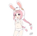  1girl :d akane_mimi animal_ears animal_hat ass_visible_through_thighs bangs bare_arms bare_shoulders blush bow bow_panties bra braid brown_eyes bunny_hair_ornament bunny_hat commentary_request eyebrows_visible_through_hair fake_animal_ears flower hair_flower hair_ornament hairband hat long_hair low_twintails navel open_mouth panties pink_hair pink_headwear princess_connect! princess_connect!_redive rabbit_ears round_teeth sakuraba_hikaru_(loveindog) signature smile solo teeth twin_braids twintails underwear underwear_only upper_teeth very_long_hair white_bra white_flower white_panties 
