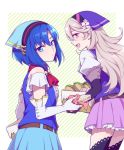  2girls blue_eyes blue_hair catria_(fire_emblem) corrin_(fire_emblem) corrin_(fire_emblem)_(female) elbow_gloves female_my_unit_(fire_emblem_if) fingerless_gloves fire_emblem fire_emblem:_ankoku_ryuu_to_hikari_no_tsurugi fire_emblem:_mystery_of_the_emblem fire_emblem:_mystery_of_the_emblem fire_emblem:_new_mystery_of_the_emblem fire_emblem:_shadow_dragon fire_emblem:_shadow_dragon_and_the_blade_of_light fire_emblem:_shin_ankoku_ryuu_to_hikari_no_tsurugi fire_emblem:_shin_monshou_no_nazo fire_emblem_fates fire_emblem_heroes fire_emblem_if food gloves handkerchief head_scarf hiyori_(rindou66) holding holding_food intelligent_systems kamui_(fire_emblem) long_hair looking_at_viewer multiple_girls my_unit_(fire_emblem_if) nintendo pointy_ears red_eyes sandwich short_hair skirt smile super_smash_bros. white_hair 
