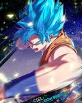 artist_name backlighting blue_background blue_eyes blue_hair blurry blurry_foreground clenched_hand commentary_request d: dark_background dougi dragon_ball dragon_ball_super dragon_ball_z fighting_stance frown glowing glowing_eyes gradient gradient_background korean_commentary muscle open_mouth purple_background serious shaded_face sleeveless sparkle sparkle_background spiky_hair super_saiyan_blue tarutobi teeth twitter_username white_background wristband 