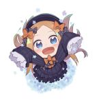  1girl :d abigail_williams_(fate/grand_order) arms_up bangs black_bow black_dress black_headwear blonde_hair blue_eyes blush bow bug butterfly chibi dress fate/grand_order fate_(series) from_above full_body hair_bow hat insect long_hair long_sleeves looking_at_viewer looking_up open_mouth orange_bow outstretched_arms parted_bangs polka_dot polka_dot_bow sleeves_past_fingers sleeves_past_wrists smile solo totatokeke very_long_hair white_background 