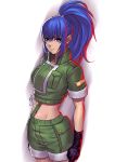  1girl blue_hair breasts commentary_request crop_top earrings gloves green_shorts hair_between_eyes high_ponytail jewelry large_breasts leona_heidern long_hair midriff navel ponytail short_sleeves shorts sidelocks snk the_king_of_fighters yamahara 