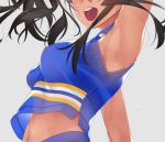  arm_up armpits black_hair blue_shirt blue_skirt blush breasts cheerleader floating_hair grey_background highres large_breasts long_hair midriff murakami_suigun navel original shirt sidelocks simple_background skirt sleeveless sleeveless_shirt sweat tan upper_teeth 