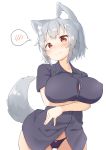  1girl absurdres animal_ears arm_support blush breast_hold breasts covered_nipples embarrassed eyebrows_visible_through_hair highres inubashiri_momiji large_breasts looking_at_viewer mamemochi panties pom_pom_(clothes) red_eyes short_hair silver_hair simple_background solo speech_bubble tail touhou underwear white_background wolf_ears wolf_tail 