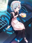  1girl android apron black_dress blue_eyes blue_hair blush closed_mouth commentary_request copyright_request cup dress drink drinking_glass frilled_apron frills glowing hand_up headgear highres holding ice ice_cube juliet_sleeves keyboard_(computer) long_sleeves maid maid_apron maid_headdress mouse_(computer) puffy_sleeves short_hair sitting smile solo transparent virtual_youtuber white_apron yuku_(kiollion) 