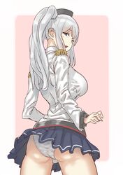  1girl absurdres ass belt beret black_headwear blue_eyes blue_skirt blush border breasts epaulettes frilled_sleeves frills grey_belt grey_shirt hat highres jacket kantai_collection kashima_(kantai_collection) large_breasts long_hair long_sleeves looking_at_viewer looking_back open_mouth outside_border panties pink_background pleated_skirt shirt silver_hair skirt solo striped striped_skirt underwear upper_body uru_(uru0000) white_border white_jacket white_panties 