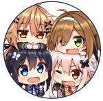  4girls :&lt; :d ahoge bangs black_hair black_jacket blazer blue_eyes blue_ribbon blue_sweater blush brown_eyes brown_hair brown_sweater butterfly_hair_ornament chibi collared_shirt commentary_request etna_(kuzuyu) eyebrows_visible_through_hair fang green_eyes hair_between_eyes hair_ornament hair_over_one_eye hairband hairclip haru_(kuzuyu) jacket komori_kuzuyu light_brown_hair long_hair long_sleeves multiple_girls nao_(kuzuyu) neck_ribbon one_eye_closed open_blazer open_clothes open_jacket open_mouth original parted_lips red_eyes red_neckwear ribbon rivier_(kuzuyu) school_uniform shirt silver_hair smile sweat sweater triangle_mouth wavy_mouth white_hairband white_shirt x_hair_ornament 