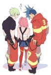  1girl 2boys age_progression aina_ardebit back blue_hair ckkm closed_eyes earrings galo_thymos green_hair jacket jewelry lio_fotia multiple_boys open_mouth pink_hair promare short_hair shorts side_ponytail smile spiky_hair suspenders thigh-highs violet_eyes 