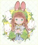  1girl animal_ears bow bowtie braid brown_hair closed_eyes conago eyebrows_visible_through_hair flower green_eyes green_headwear hat highres holding holding_flower lace long_sleeves open_mouth original personification rabbit rabbit_ears solo twin_braids white_flower 