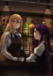  alcohol apron bar bartender bottle brown_hair cigarette crossover cup girls_frontline green_eyes highres jill_stingray lamp long_hair looking_at_viewer m1903_springfield_(girls_frontline) purple_hair red_eyes selcky tray va-11_hall-a whiskey wine wine_bottle 