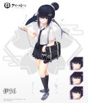  1girl :o air_bubble aixioo anchor_symbol azur_lane bag black_footwear black_hair black_legwear black_neckwear black_skirt blush bubble cellphone character_name closed_eyes collared_shirt commentary_request copyright_name egasumi expressions gradient gradient_background grey_background hair_bun hair_ornament hair_over_eyes hairclip holding holding_cellphone holding_phone i-56_(azur_lane) kneehighs necktie official_art parted_lips phone pleated_skirt pointy_ears ribbed_legwear school_bag school_uniform shirt shoes short_sleeves sidelocks skirt smile standing violet_eyes white_background white_shirt 