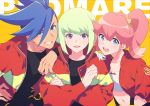  1girl 2boys aina_ardebit blonde_hair blue_eyes blue_hair copyright_name crossed_arms galo_thymos green_hair grin highres jacket lio_fotia midriff multiple_boys open_mouth pink_hair promare rew241 side_ponytail smile spiky_hair suspenders violet_eyes 