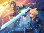  2boys blonde_hair blue_eyes brown_hair buster_sword cloud_strife company_connection dragon_quest dragon_quest_xi earrings final_fantasy final_fantasy_vii final_fantasy_vii_advent_children gloves green_eyes hero_(dq11) hood jewelry male_focus multiple_boys nintendo open_mouth playstation shield short_hair sora_(company) spiky_hair square_enix super_smash_bros. sword toei_animation torio_(mocd1985) weapon 